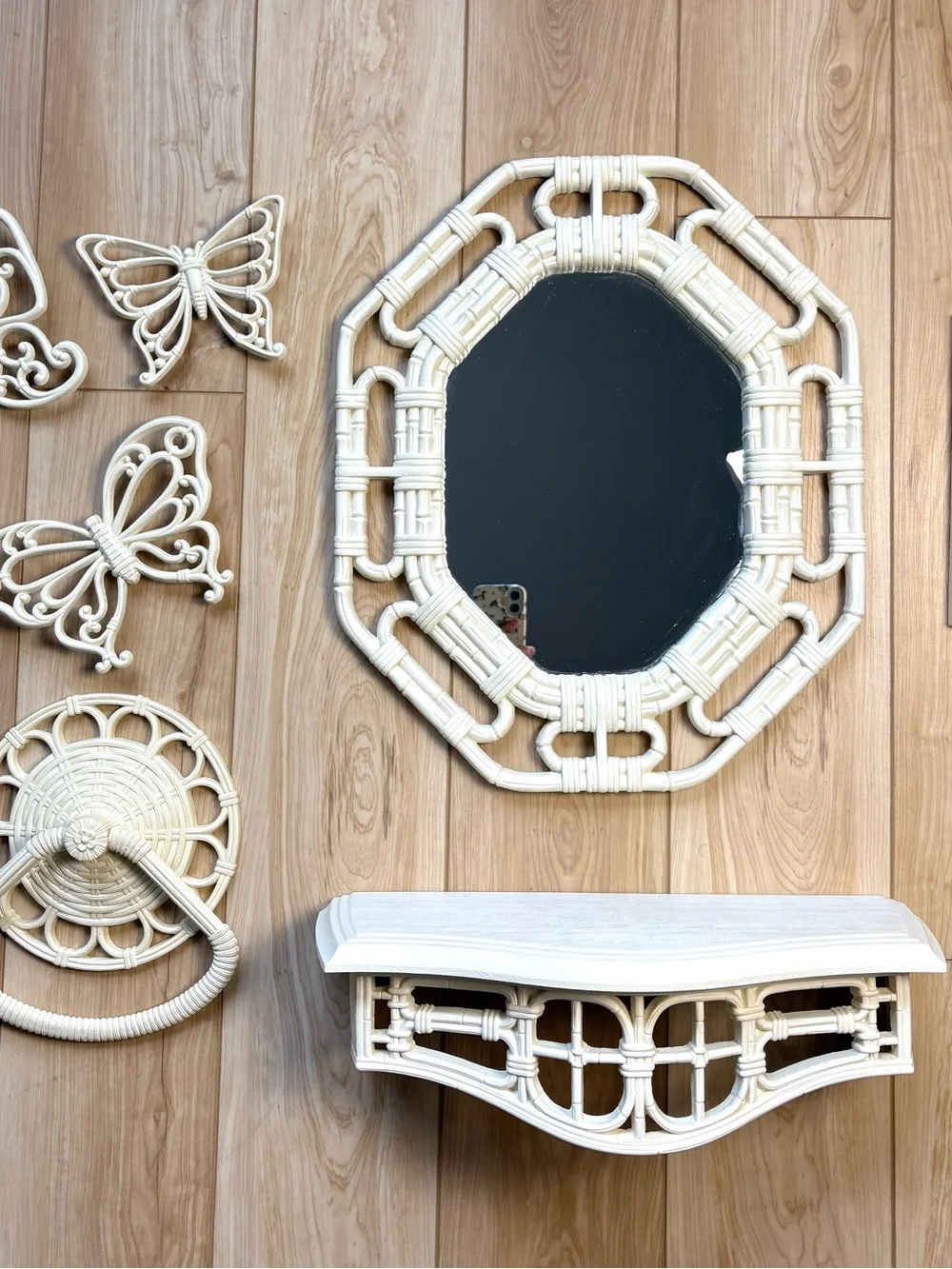 Vintage decor boho bamboo wicker mirror butterflies shelf towel & candle holder